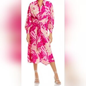 Farm Rio Tropical Groove Floral Button Tie Waist Midi Dress Pink And White Nwt S